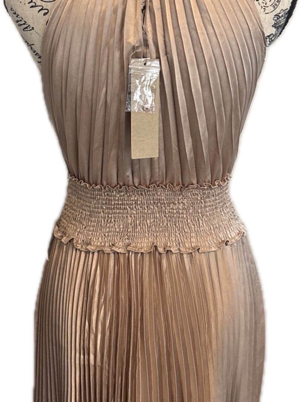 fab'rik Pleated High Neck Halter Midi Dress in Taupe Elegant Cocktail